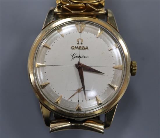 A gentlemans late 1950s 9ct gold Omega manual wind wrist watch, movement c.267, on associated rolled gold bracelet,